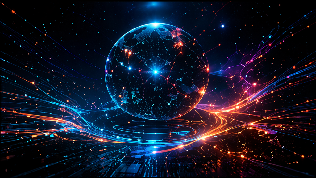 futuristic glowing digital world display
